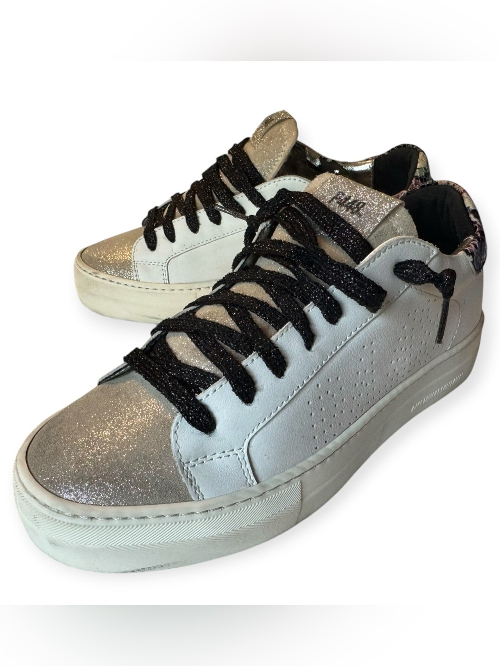 P448 Women's White and Silver Glitter Low-Top Sneakers with Black Laces